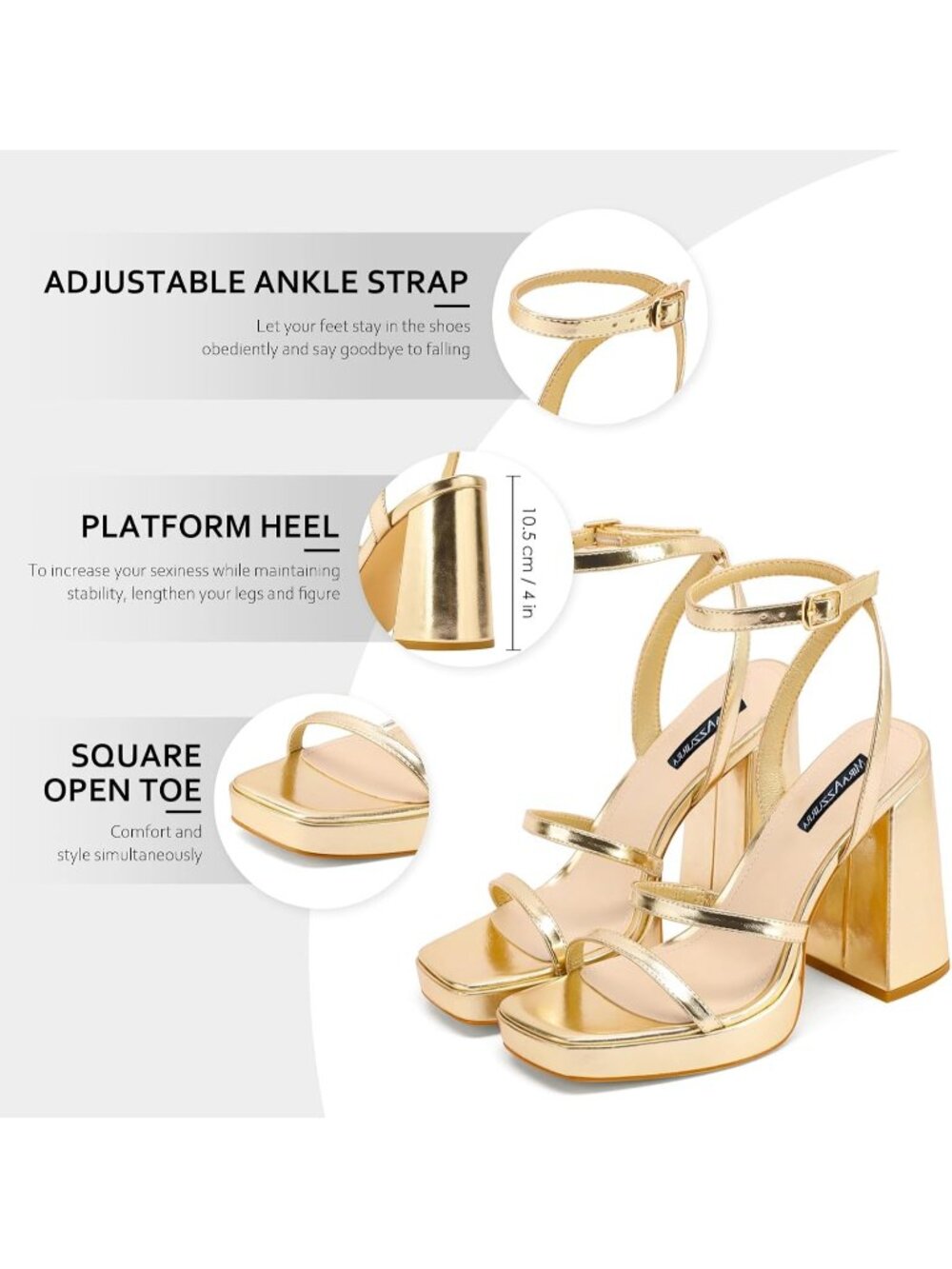 Women's Gold Faux Leather Chunky Block Heel Square Open Toe Two Strap Heels - Picture 5 of 6